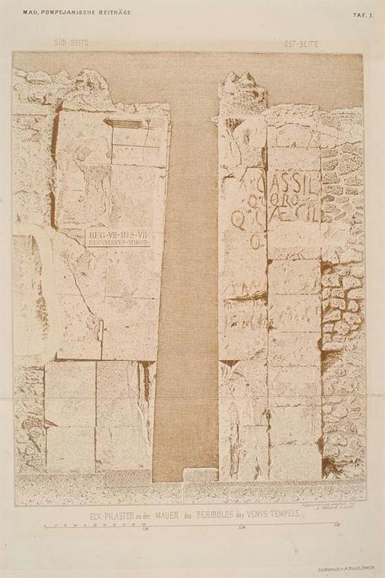 VII.7.32, Pompeii. South-east corner of Temple, on the left is the south face of the corner pilaster.  On the right, with graffiti, is the east face of the corner pilaster.  See Mau A., 1879. Pompejanische Beiträge. Berlin: Reimer, Tav. I.  Foto Taylor Lauritsen, ERC Grant 681269 DÉCOR.