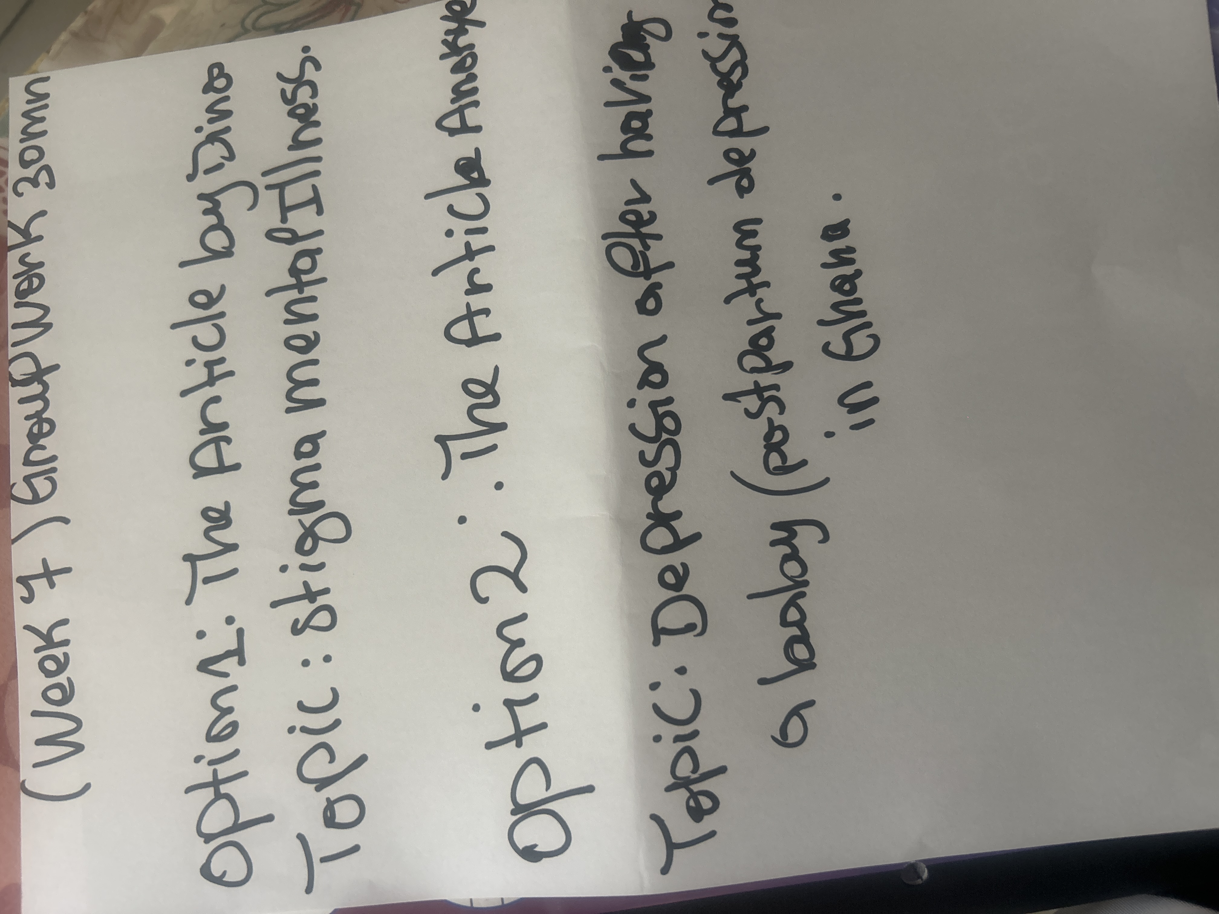 Option 1 the article by Dinos topic stigma mental illness     Options 2 the article anokye topic depression after having a baby